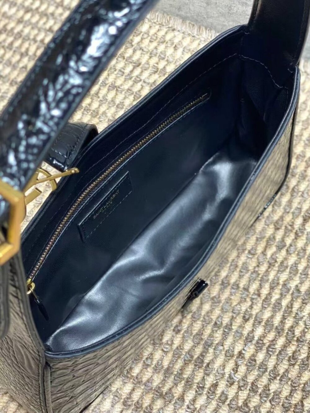 YSL Croc Embossed Leather Shoulder Bag | Black & Gold Classic Hobo Bag - Picture 8 of 8